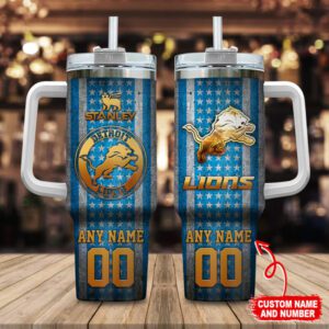 Detroit Lions NFL Golden Logos Us Flag Personalized 40oz Stanley Tumbler STT3141