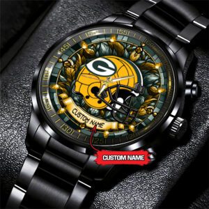 Green Bay Packers Personalized NFL Stained Glass Black Stainless Steel Sport Watch BW1312