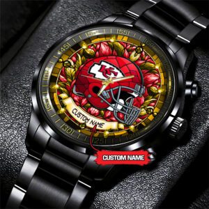 Kansas City Chiefs Personalized NFL Stained Glass Black Stainless Steel Sport Watch BW1316