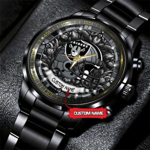 Las Vegas Raiders Personalized NFL Stained Glass Black Stainless Steel Sport Watch BW1317