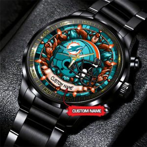 Miami Dolphins Personalized NFL Stained Glass Black Stainless Steel Sport Watch BW1322