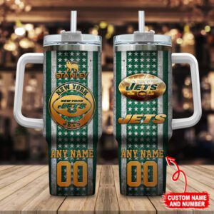 New York Jets NFL Golden Logos Us Flag Personalized 40oz Stanley Tumbler STT3155