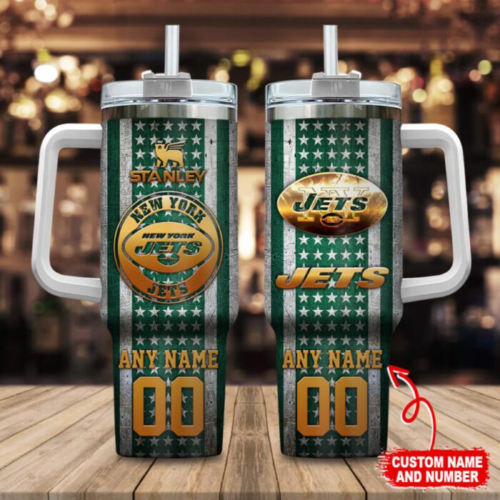 New York Jets NFL Golden Logos Us Flag Personalized 40oz Stanley Tumbler STT3155