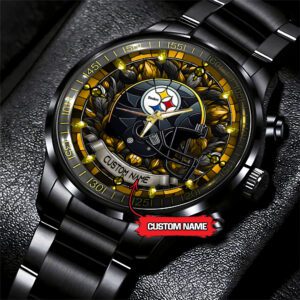 Pittsburgh Steelers Personalized NFL Stained Glass Black Stainless Steel Sport Watch BW1325