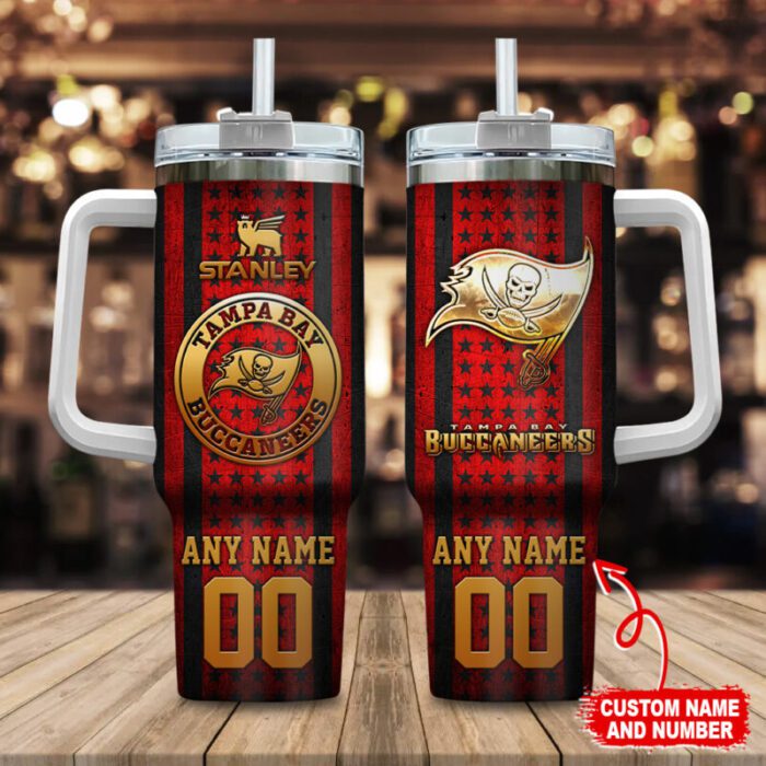 Tampa Bay Buccaneers NFL Golden Logos Us Flag Personalized 40oz Stanley Tumbler STT3158