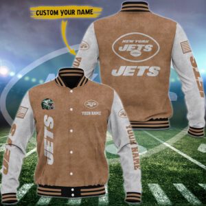 New York Jets Brown Baseball Jacket Custom Name WBJ1025