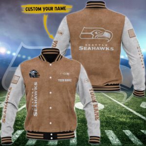 Seattle Seahawks Brown Baseball Jacket Custom Name WBJ1028