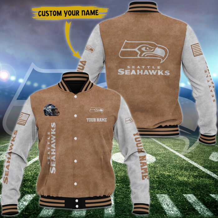 Seattle Seahawks Brown Baseball Jacket Custom Name WBJ1028