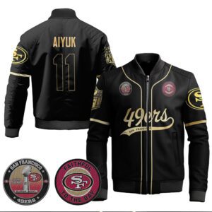 Brandon Aiyuk 11 49ers Flex Base Gold Bomber Jacket Black Gold