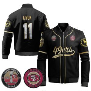 Brandon Aiyuk 11 49ers Flex Base Gold Bomber Jacket Black Limited