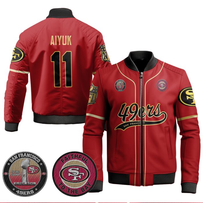 Brandon Aiyuk 11 49ers Flex Base Gold Bomber Jacket Black Red