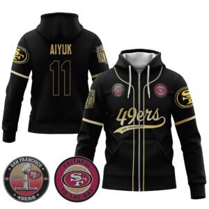 Brandon Aiyuk 11 49ers Flex Base Gold Unisex Zip Hoodie Black Gold