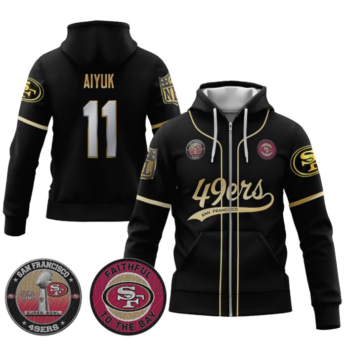 Brandon Aiyuk 11 49ers Flex Base Gold Unisex Zip Hoodie Black Limited