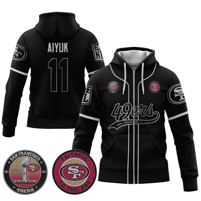 Brandon Aiyuk 11 49ers Flex Base Gold Unisex Zip Hoodie Black Silver