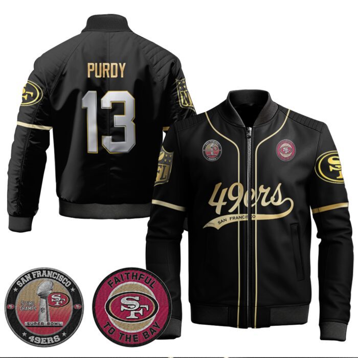 Brock Purdy 13 49ers Flex Base Gold Bomber Jacket Black Limited