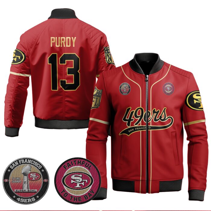 Brock Purdy 13 49ers Flex Base Gold Bomber Jacket Black Red