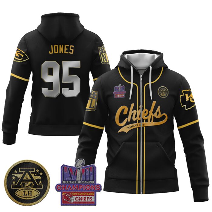 Chris Jones 95 Chiefs Super Bowl LVIII 2024 Champion Black Gold Unisex Zip Hoodie