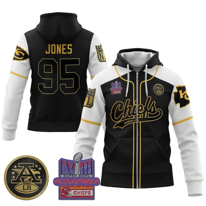 Chris Jones 95 Chiefs Super Bowl LVIII 2024 Champion Classic Black Gold Unisex Zip Hoodie