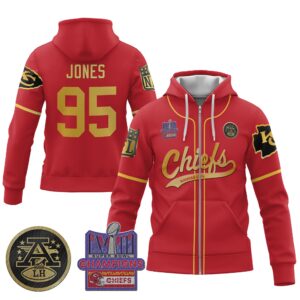 Chris Jones 95 Chiefs Super Bowl LVIII 2024 Champion Classic Red Gold Unisex Zip Hoodie