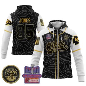 Chris Jones 95 Kansas City Chiefs Super Bowl LVIII 2024 Champion Black Gold Unisex Zip Hoodie