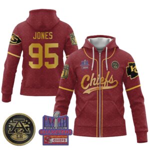 Chris Jones 95 Kansas City Chiefs Super Bowl LVIII 2024 Champion Red Gold Unisex Zip Hoodie