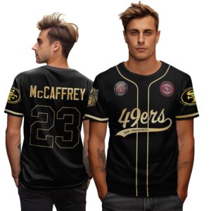 Christian McCaffrey 23 49ers Flex Base Gold Unisex T-Shirt Black Gold