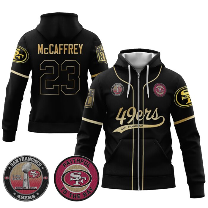 Christian McCaffrey 23 49ers Flex Base Gold Unisex Zip Hoodie Black Gold