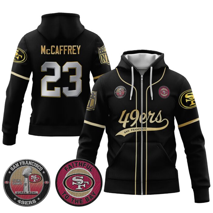 Christian McCaffrey 23 49ers Flex Base Gold Unisex Zip Hoodie Black Limited