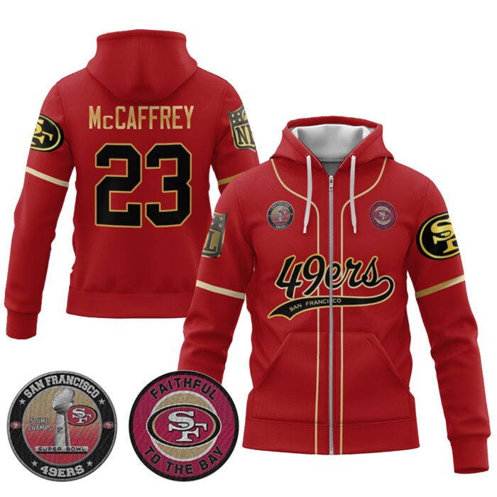 Christian McCaffrey 23 49ers Flex Base Gold Unisex Zip Hoodie Black Red