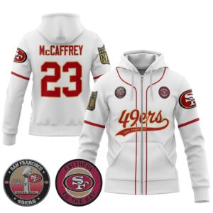 Christian McCaffrey 23 49ers Flex Base Gold Unisex Zip Hoodie White