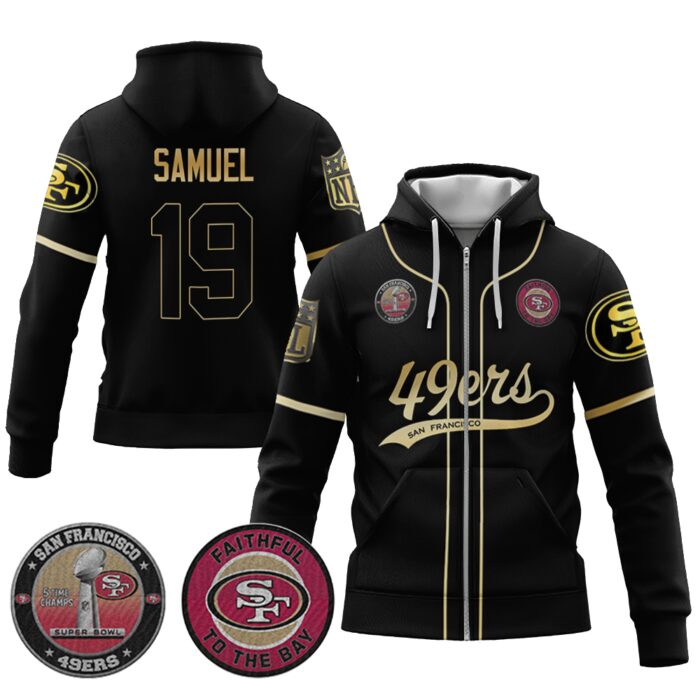 Deebo Samuel 19 49ers Flex Base Gold Unisex Zip Hoodie Black Gold