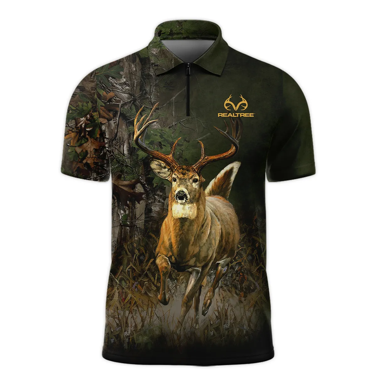 Deer Hunting Loves Camo Green Realtree Zipper Polo Shirt  ZPL1161