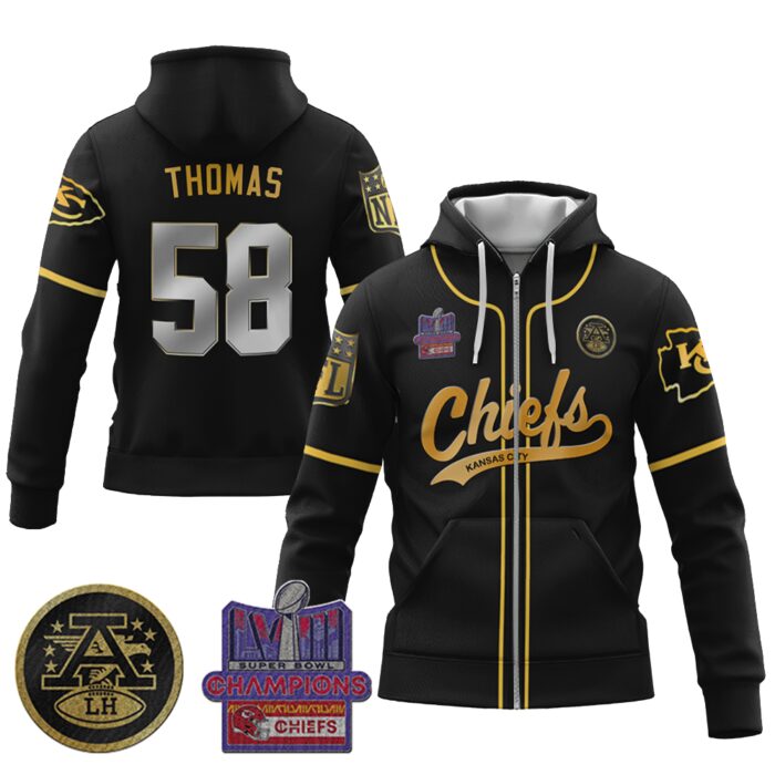 Derrick Thomas 58 Chiefs Super Bowl LVIII 2024 Champion Black Gold Unisex Zip Hoodie