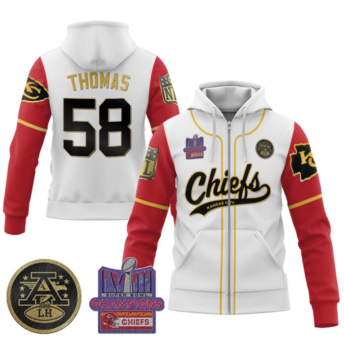 Derrick Thomas 58 Chiefs Super Bowl LVIII 2024 Champion Classic Color Unisex Zip Hoodie