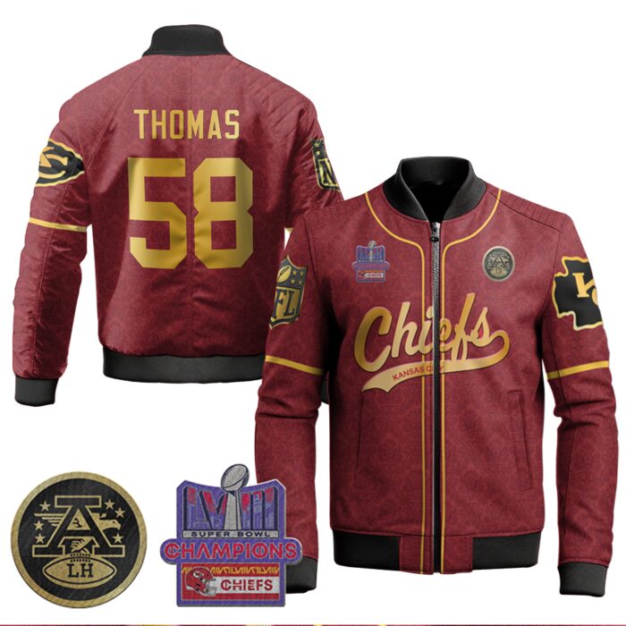 Derrick Thomas 58 Kansas City Chiefs Super Bowl LVIII 2024 Champion Red Gold Bomber Jacket