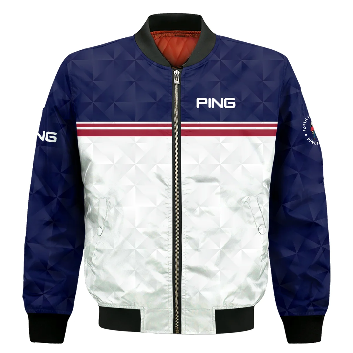 Golf Sport 124th U.S. Open Pinehurst Ping Bomber Jacket Dark Blue White Abstract Geometric Triangles Bomber Jacket GBJ1344