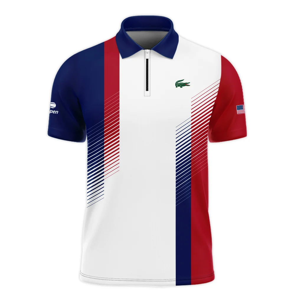 Lacoste Blue Red Straight Line White US Open Tennis Champions Zipper Polo Shirt  ZPL1182