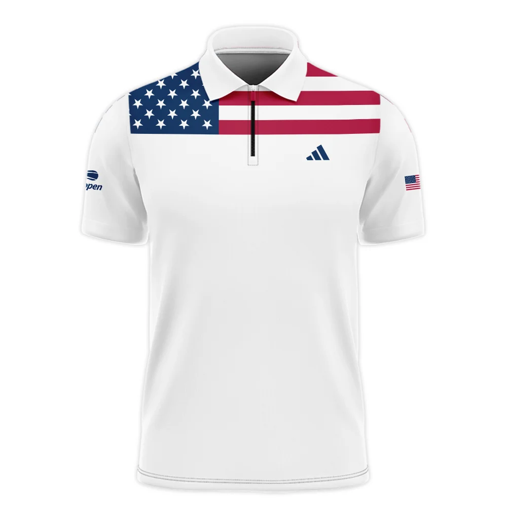 US Open Tennis Champions Adidas USA Flag White Zipper Polo Shirt  ZPL1164