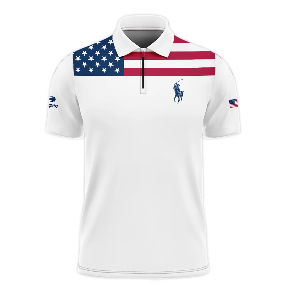 US Open Tennis Champions Ralph Lauren USA Flag White Zipper Polo Shirt  ZPL1162