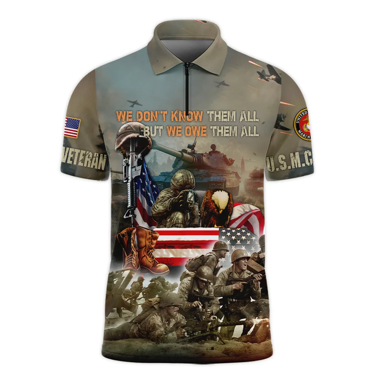 Veteran We Dont Know Them All But We Owe Them All U.S. Marine Corps Veterans Zipper Polo Shirt ZPL1026