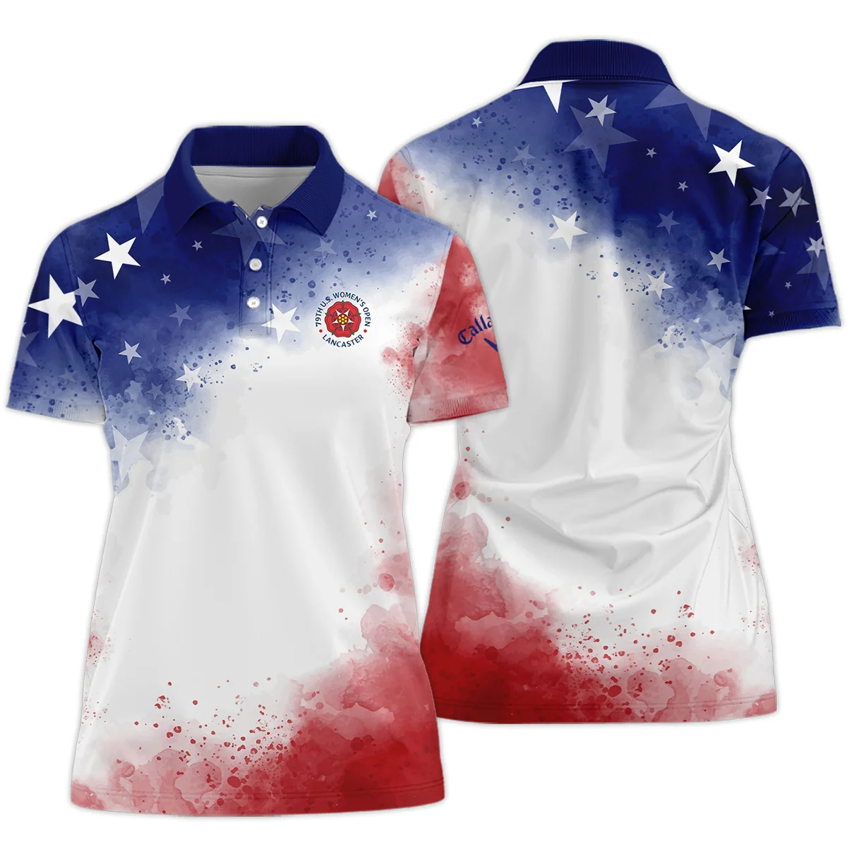 79th U.S. Women's Open Lancaster Callaway Golf Blue Red Watercolor White Star Short Polo Shirt