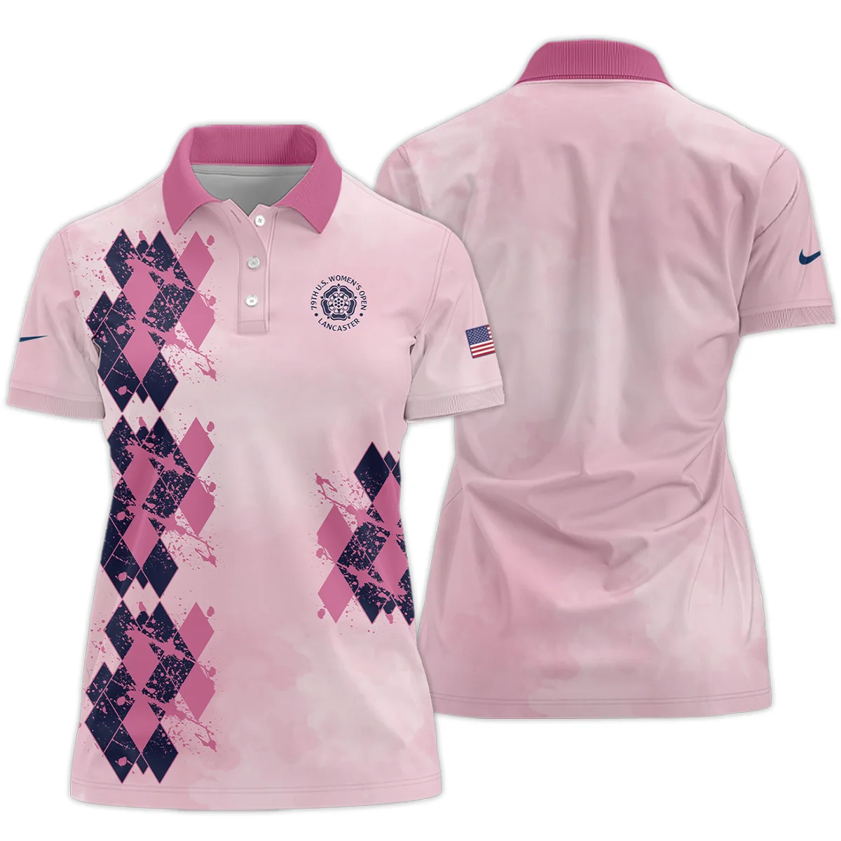 79th U.S. Women's Open Lancaster Nike Argyle Plaid Pink Blue Pattern Short Polo Shirt