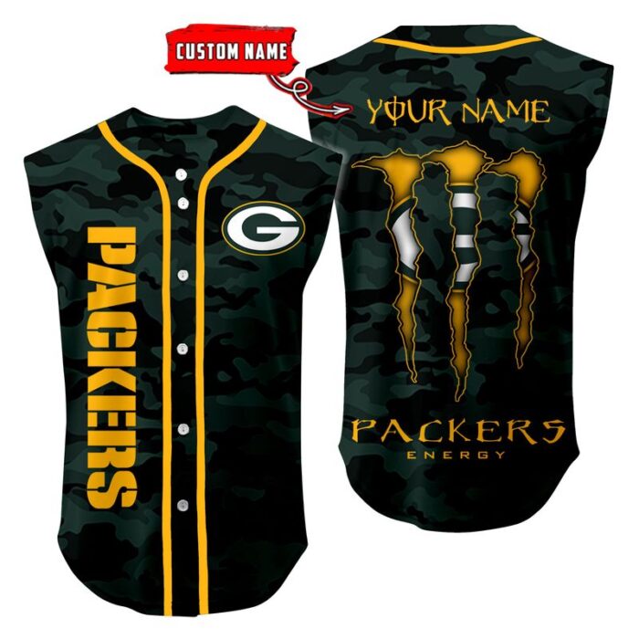 Green Bay Packers Camo Sleeveless Baseball Jersey Tank Top Custom Name BBTJ1076