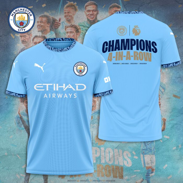 Manchester City Champions 4 In Row Premier League 2024 Unisex T-Shirt TSM1015