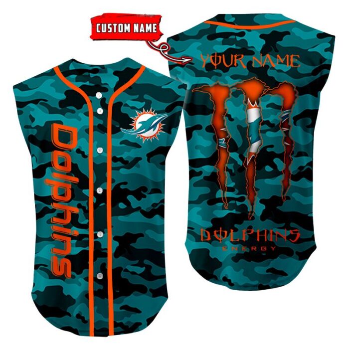 Miami Dolphins Camo Sleeveless Baseball Jersey Tank Top Custom Name BBTJ1084