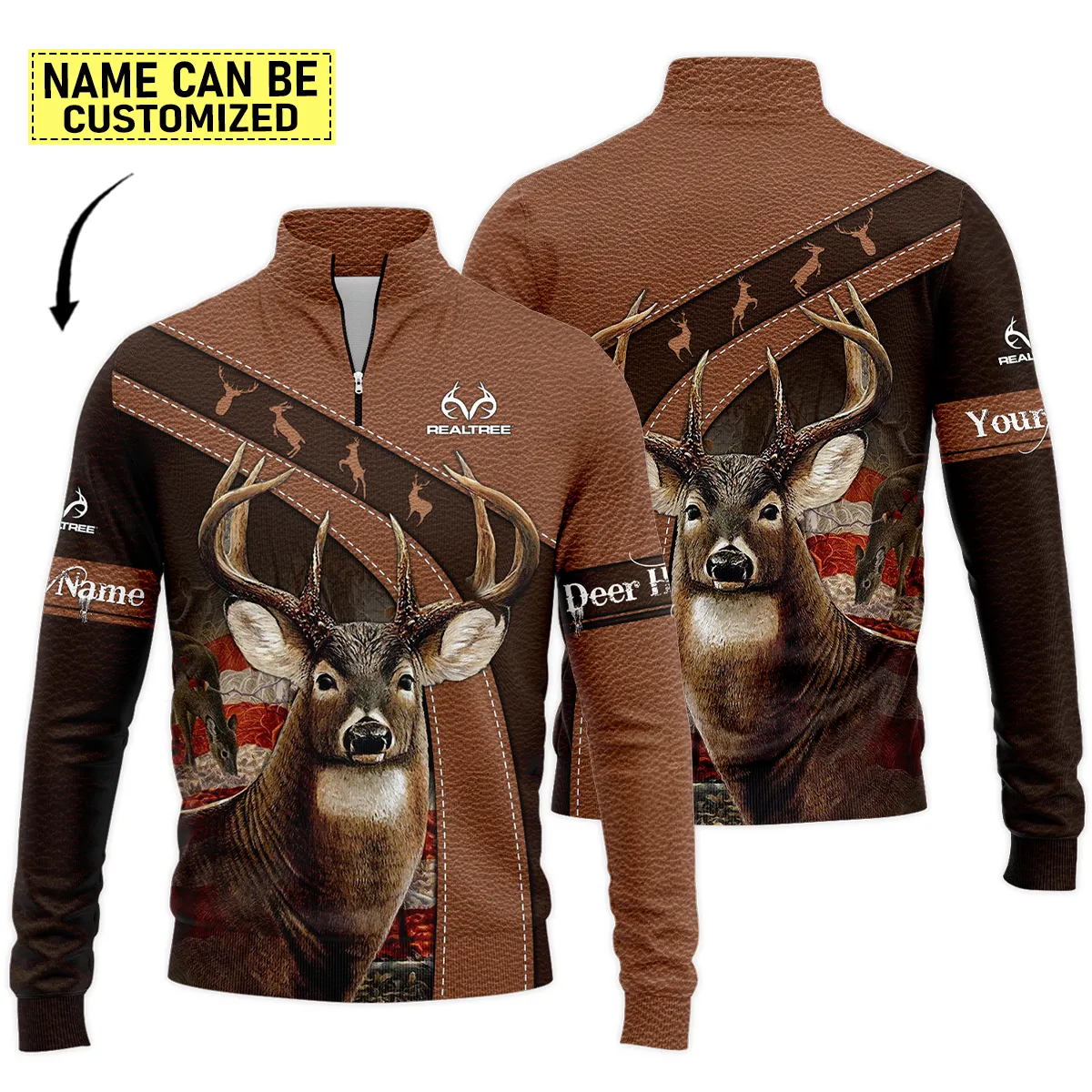 Personalized Name Deer Hunting Leather Brown Realtree s Quarter-Zip Jacket