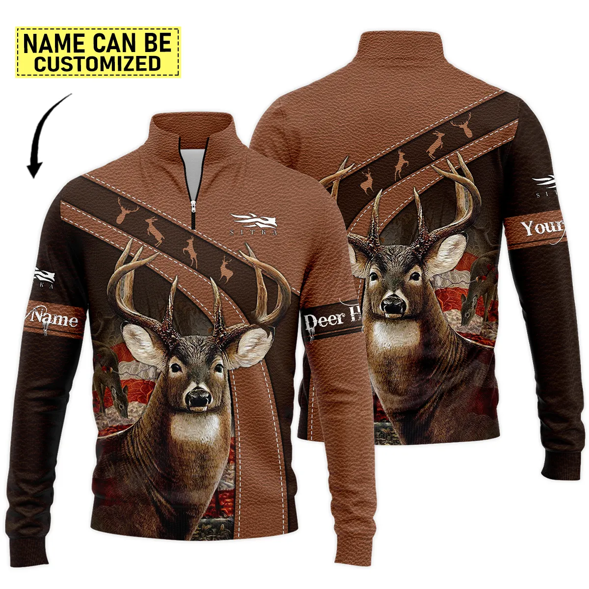 Personalized Name Deer Hunting Leather Brown Sitka Gear s Quarter-Zip Jacket