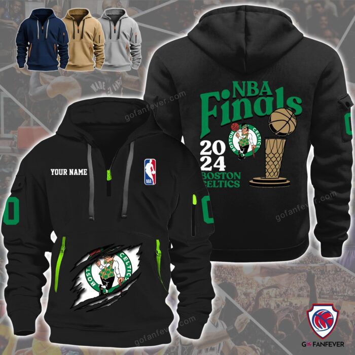 Boston Celtics NBA Finals Custom Name 2-Sided Printing Quarter Zip Hoodie