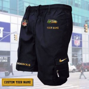 Seattle Seahawks NFL Personalized Golden Multi-pocket Mens Cargo Shorts Outdoor Shorts WMS1126
