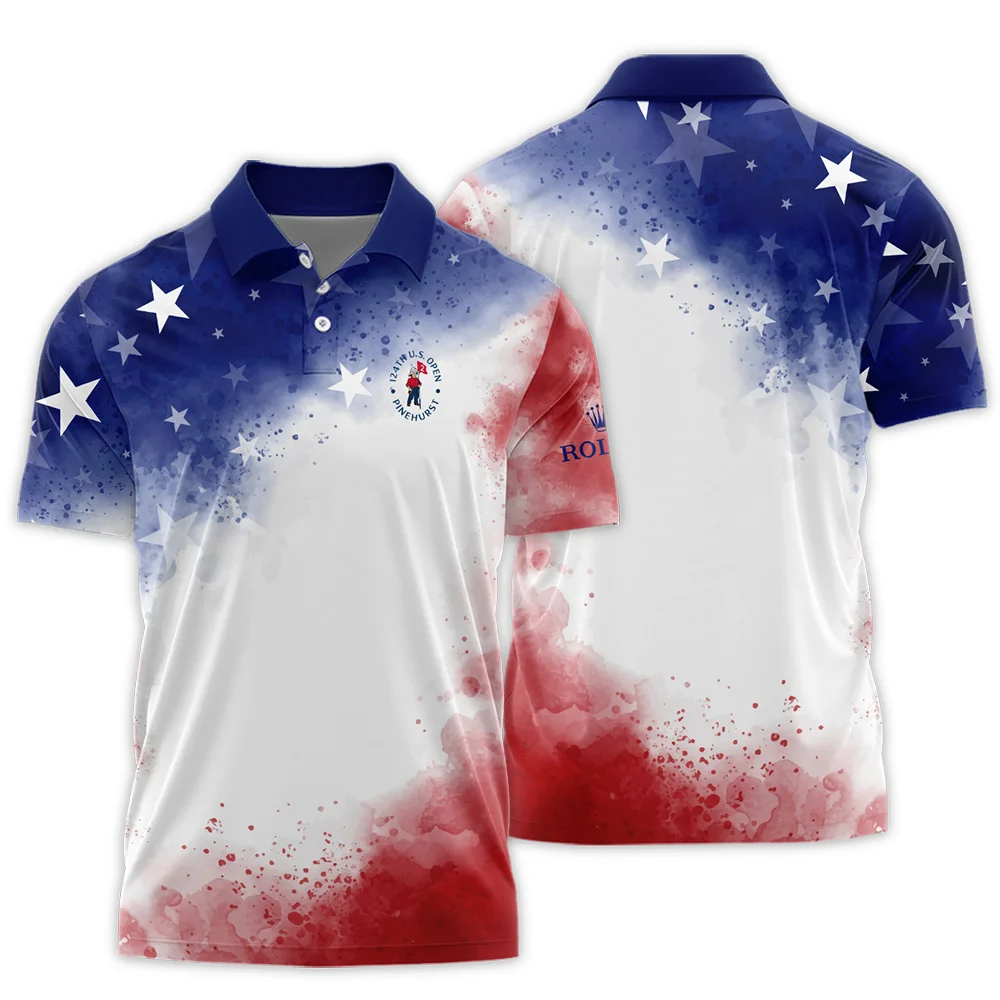 124th U.S. Open Pinehurst Rolex Blue Red Watercolor Star White Backgound Polo Shirt Style Classic Polo Shirt For Men PLK1457